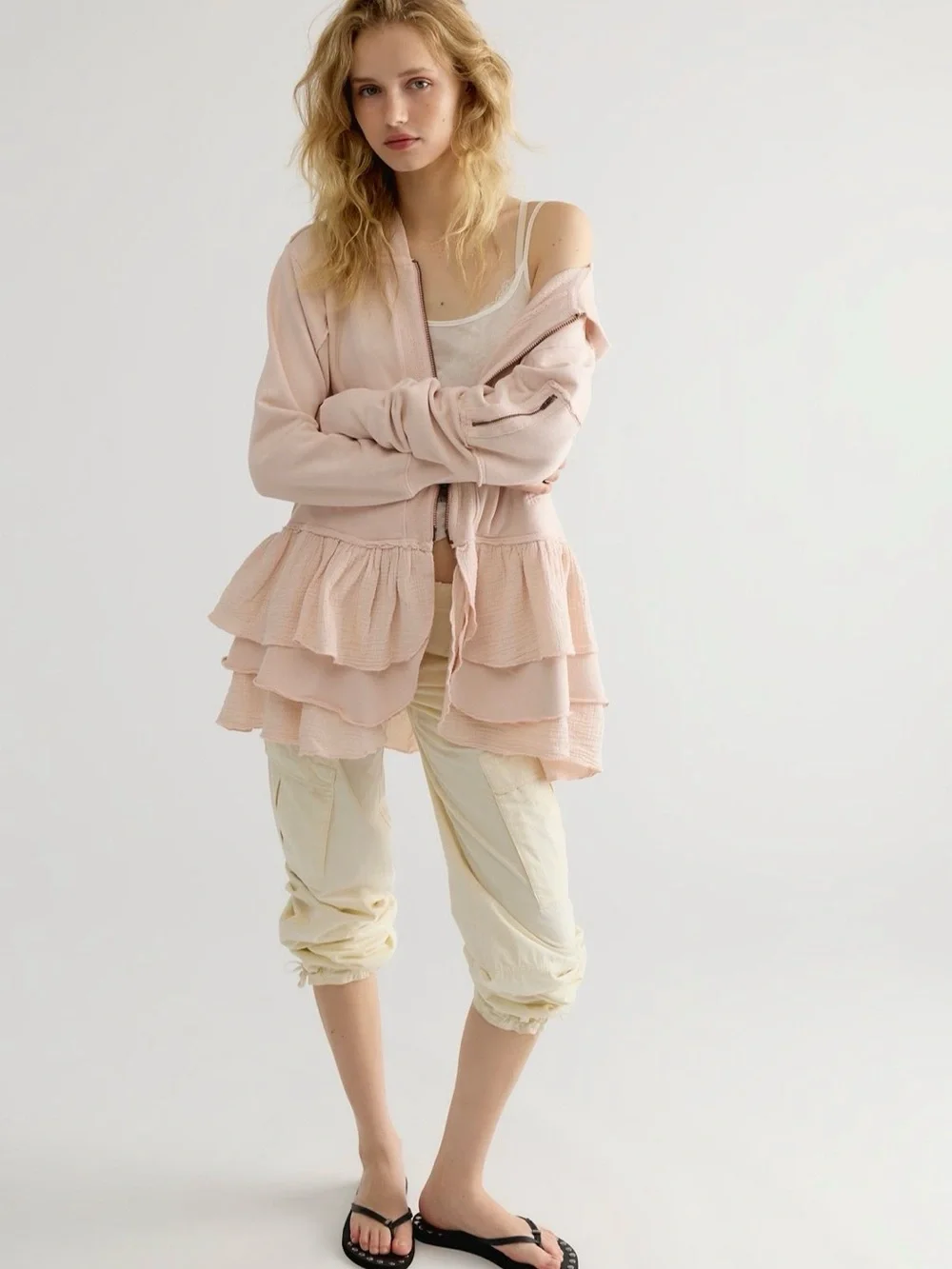 Free People Piece of Cake Zip Up Cardi Light Pink Ruffle Hoodie Jacket X-Small